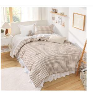 Andency Tan Gingham Comforter Set Twin(66x90Inch), Brown Checkered Grid Plaid Buffalo Bed Set for Girls Boys Kids Teens, 2 Pieces Lightweight Polyester Geometric Preppy Bedding