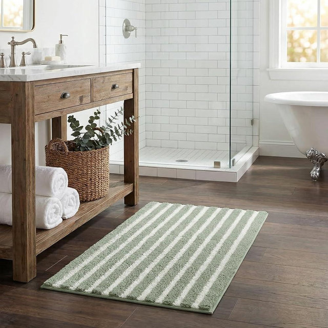 GRANNY SAYS Striped Bathroom Rugs Non Slip, 16" x 24", Bath Rugs for Bathroom Washable, Bath Mats for Floor, Microfiber Bath Mat for Tub, Absorbent Bath Rugs for Shower Room, Sage Green