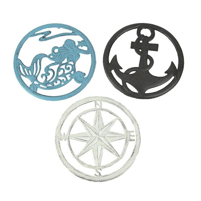 Set of 3 Cast Iron Nautical Design Kitchen Trivets Decorative Wall Hangings Mermaid Anchor Compass Rose