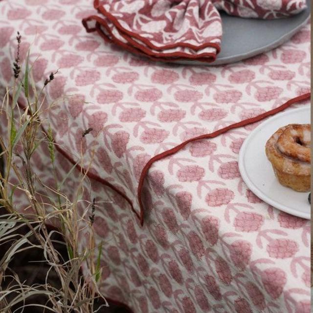 Floral Block Printed Linen Tablecloth