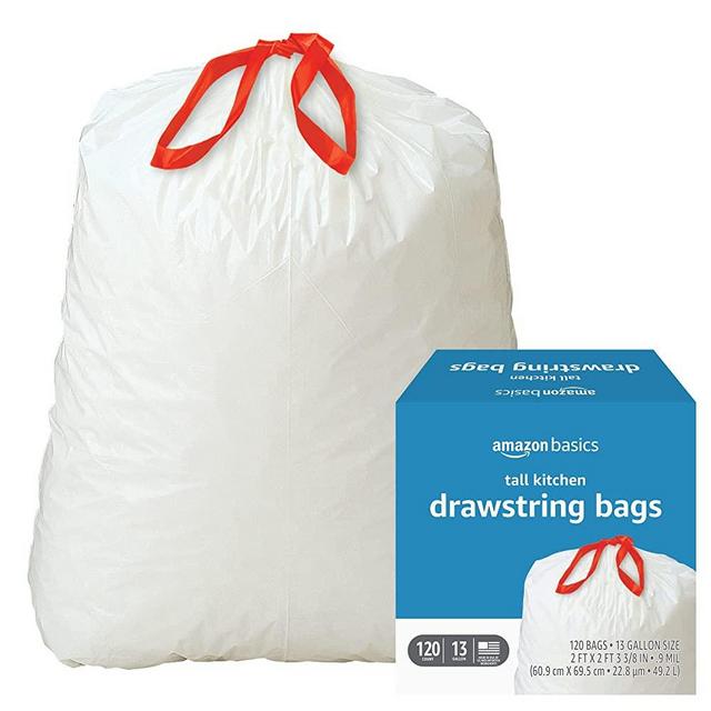 Amazon Basics Tall Kitchen Drawstring Trash Bags, 13 Gallon, 120 Count