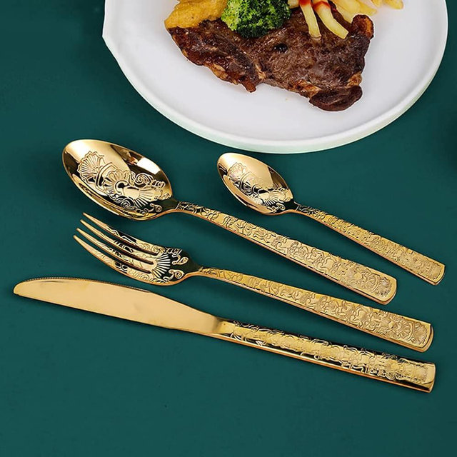 48 Piece Gold Silverware Set for 12 Modern Flatware Cutlery Utensils Set Durable 18/10 Stainless Steel Exquisite Pattern Knives Forks and Spoons Tableware Set for Home Kitchen Restaurant Wedding