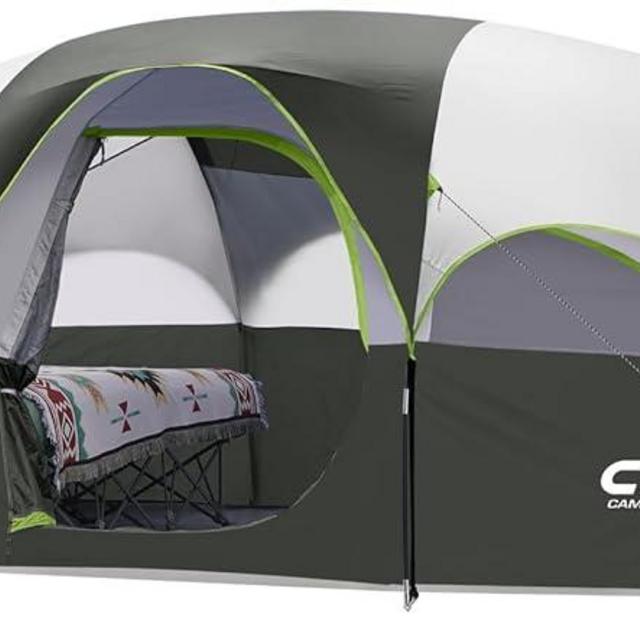 CAMPROS CP Tent 8 Person Camping Tents, Weather Resistant Family Tent, 5 Large Mesh Windows, Double Layer, Divided Curtain for Separated Room, Portable with Carry Bag