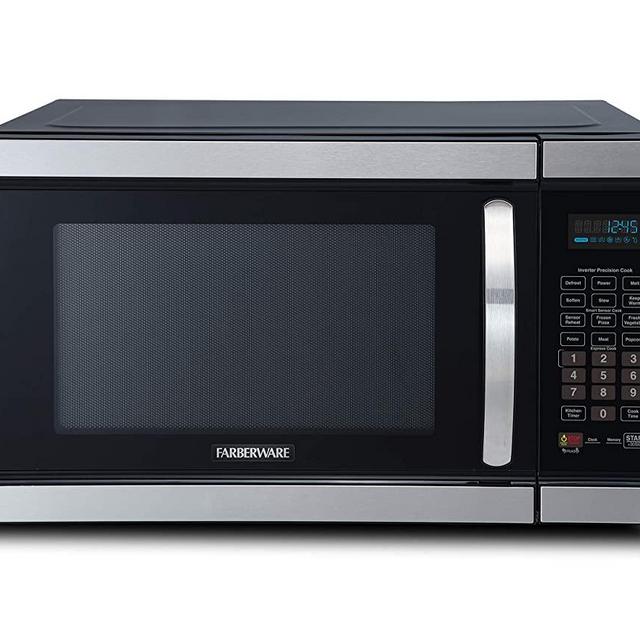 Farberware Gourmet FMO11AHTBKJ 1.1 Cu. Ft. 1100-Watt Microwave Oven with Smart Sensor Cooking and Inverter Technology, ECO Mode and Blue LED Lighting, Stainless Steel