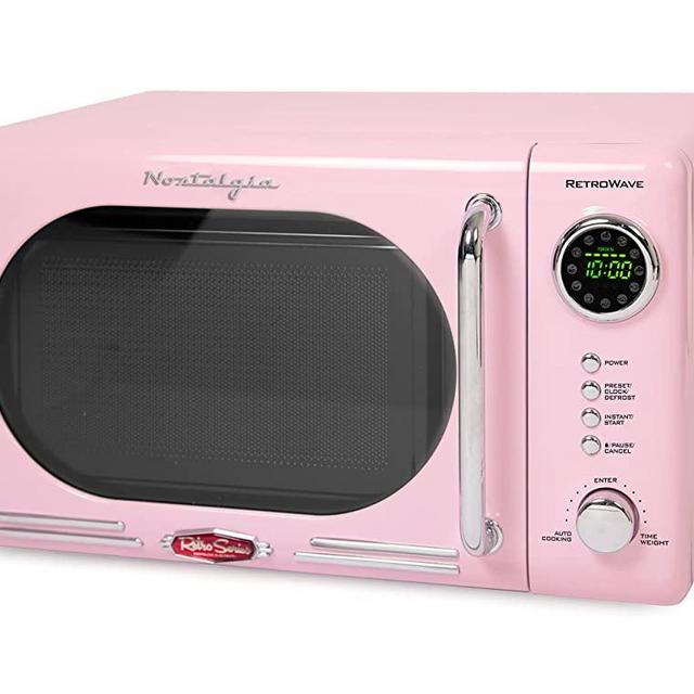 Nostalgia Retro Compact Countertop Microwave Oven, 0.7 Cu. Ft. 700-Watts with LED Digital Display, Child Lock, Easy Clean Interior, Pink