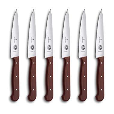 Victorinox Swiss Army Cutlery Rosewood Serrated Steak Knives, Pointed-tip, 4.75-Inch, 6-Piece