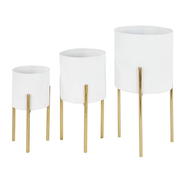 Set of 3 Contemporary Metal Planters in Stands White/Gold - Olivia & May