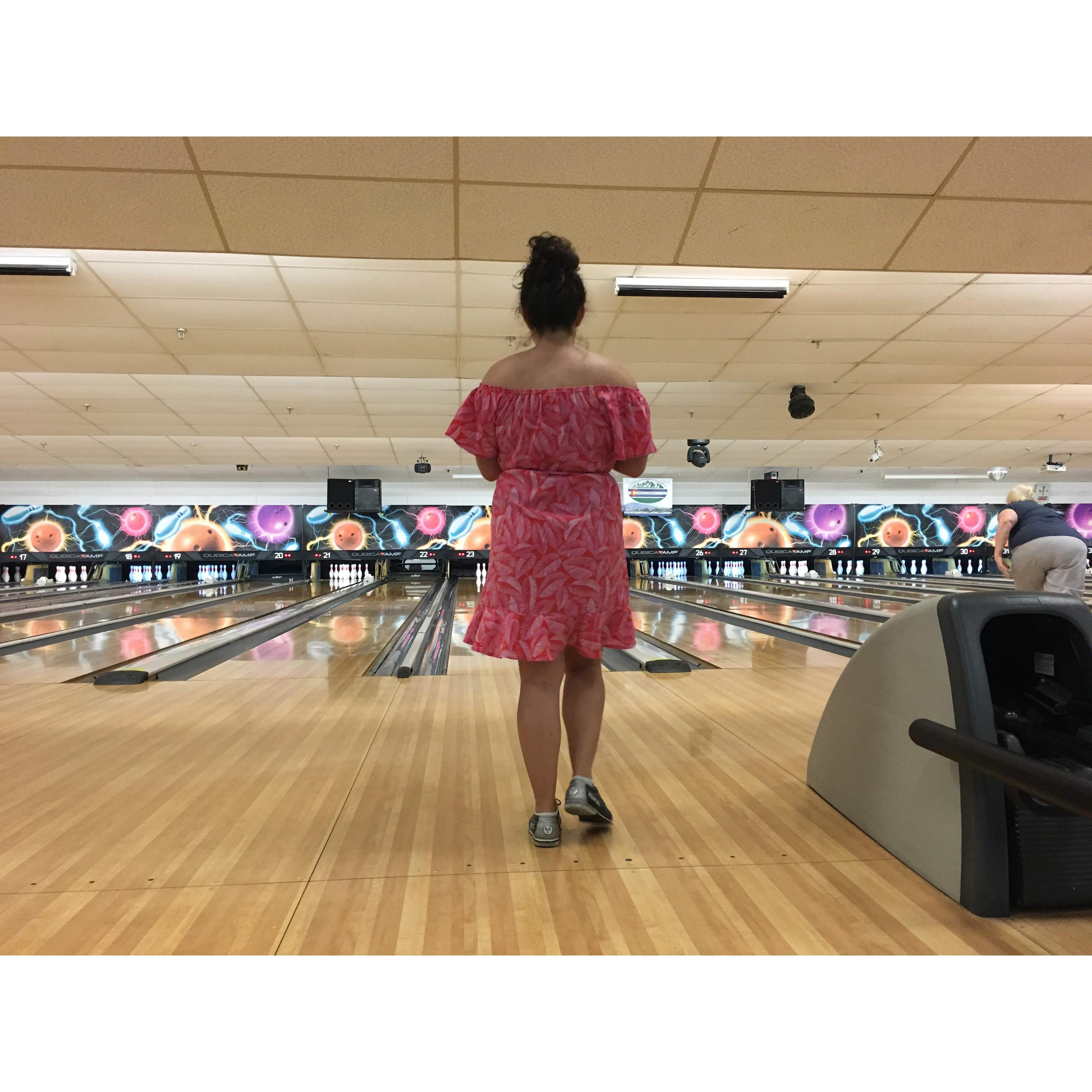 She always beats me ta bowling