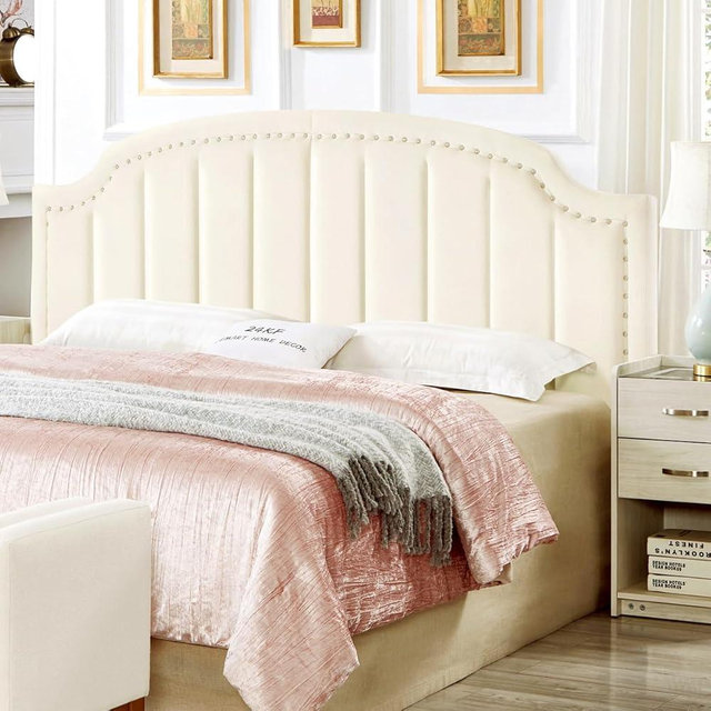 24KF Modern Velvet Fabric Upholstered King/Cal King Headboard, Tufted Headboard for King/Cal King Size, Modern Vertical Channel Design with Curved Tufted King headboard-Cream