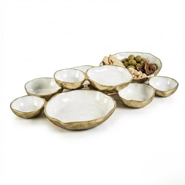 Cluster of 9 Round Serving Bowls Enamel Clusters Decorative Elegant Snack Tray for Olives, Chip & Dip, Nuts, Appetizers & Entertaining Strong Brass & Enamel Home Decor Gifts, Parties & Weddings 22"