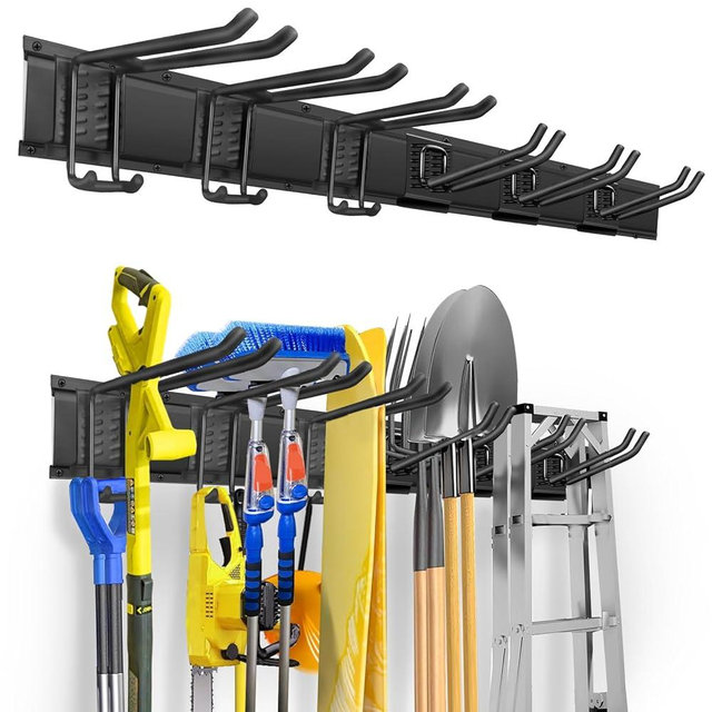 WEZAFO Garden Tool Organizer Wall Mount, Heavy Duty 48 Inches Garage Organization and Storage Racks for Yard Tools with 6 Hooks, Tool Hangers Holders for Hanging Folding Chair, Rake and Shovel