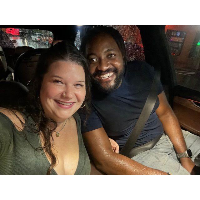 Caught in a rainstorm after our *first* night out after Daisy was born!