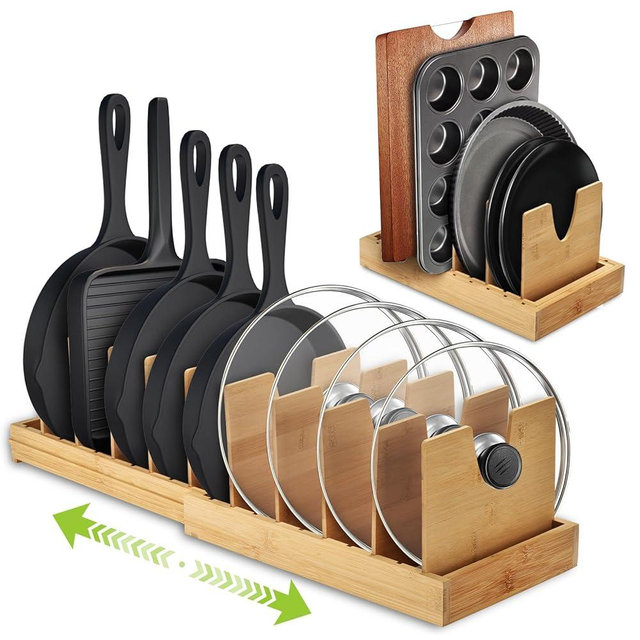 ITDYB Pots and Pans Organizer under Cabinet - Bamboo Expandable Pot Lid Organizer, Adjustable Bakeware and Cutting Board Organizers, Drawer Pot Lid Holder Rack for Kitchen Organizers and Storage