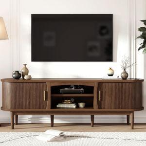 Decofy Mid Century TV Stand for TVs up to 80 Inches, Entertainment Center with Storage, Power Outlet, Fluted Sliding Doors & Adjustable Shelves, Modern Media TV Console Table for Living Room (Walnut)