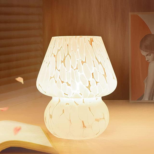 ONEWISH Mushroom Lamp Small Bedside Table Lamp-Nightstand Nightlight Dimmable Stepless, Translucent Glass White Desk Lamp for Bedroom Dorm Living Kitchen, Murano Aesthetic Cute Home Decor Easter Gift
