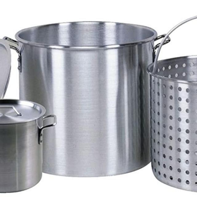 Professional Grade 80 Quart All Purpose Boiling Pot with Basket (3pc) plus a Bonus 12 Quart Stock Pot (2pc) .