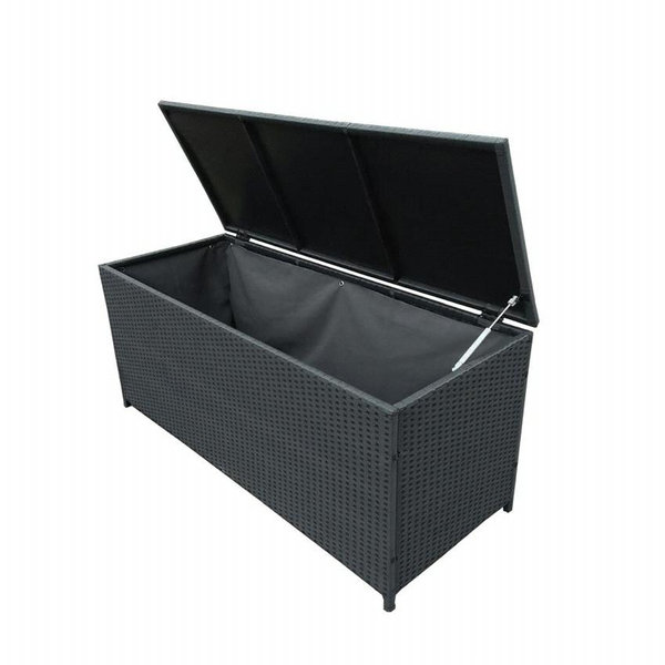 113 Gal. Black Indoor and Outdoor Balcony Patio Deck Porch Pool Wicker Storage Box Trunk Bin with Metal Frame