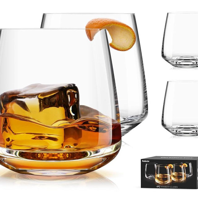 Potdoctor Whiskey Glasses Set of 4,13.5 Oz Crystal Old Fashioned Rocks Glasses for Bourbon Scotch Cocktails Drink Rum Cognac Vodka Liquor -Unique Gifts for Men,