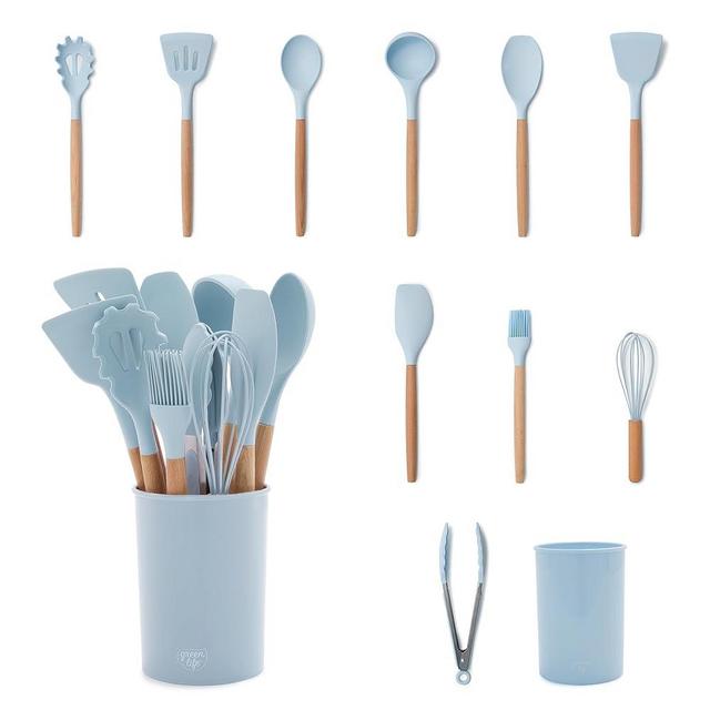 GreenLife 11 Piece Silicone Utensil Crock Set, Nonstick Kitchen Tools, Safe to 392°F, Ladle, Turner, Slotted Turner, Spatula, Spoon, Spaghetti Server, Basting Brush, Whisk, Tongs, Crock, Blue Haze