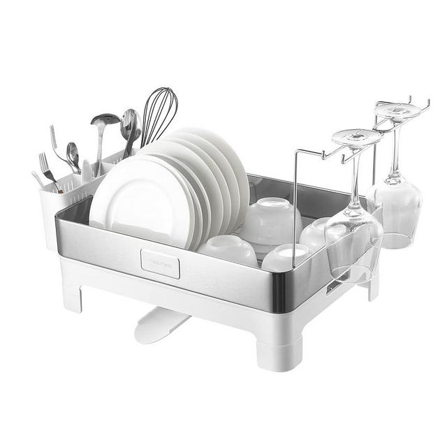 happimess DSH1003B Simple 20.5' Fingerprint-Proof Stainless Steel Dish Drying Rack, Dish Rack with Swivel Spout Tray and Wine Glass Holder, Utensil Holder, Stainless Steel/White, Silver/White
