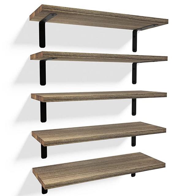 RICHER HOUSE Floating Wall Shelves, Rustic Wood Bathroom Shelves Set of 5, Farmhouse Style Floating Shelf for Wall Décor, Hanging Shelves for Bedroom, Storage, Kitchen, Living Room - Carbonized Brown