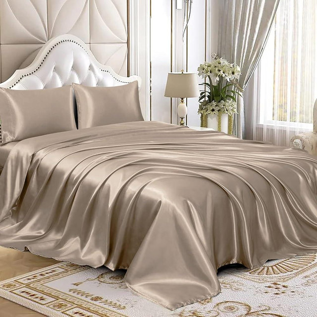 Homiest 4pcs Satin Sheets Set Luxury Silky Satin Bedding Set with Deep Pocket, 1 Fitted Sheet + 1 Flat Sheet + 2 Pillowcases (Cal King Size, Taupe)