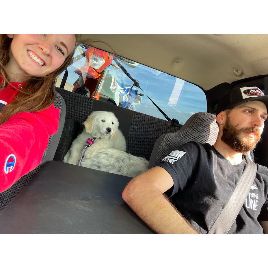 Going for a truck ride with their new puppy Mazikeen while she sits on top of Fiona. October 24th, 2021