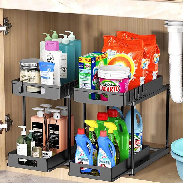 Under Sink Organizers and Storage, 2 Pack Pull-out Large Capacity Under Bathroom and Kitchen Cabinet Storage Drawer Organizer with Hooks, Multi-purpose Heavy Load Under Sink Shelf Organizer, Black