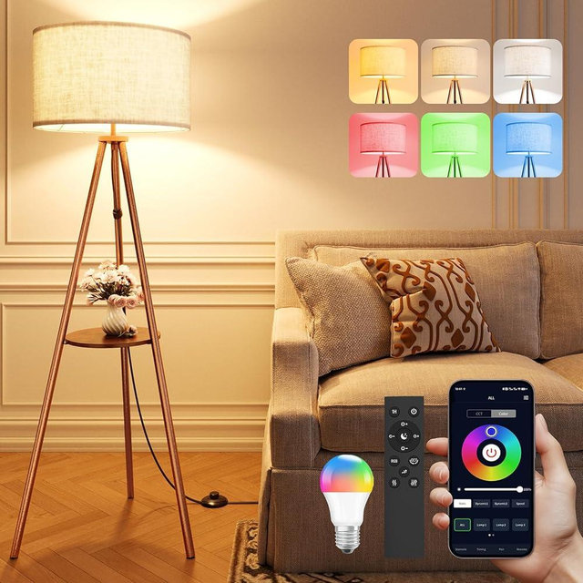 MAGAGUVU Tripod Floor Lamp with Shelves, Mid Century Modern Metal Standing Lamp with Remote & App Control, Dimmable LED RGB Smart Bulb Included, E26 Base for Living Room, Bedroom, Office