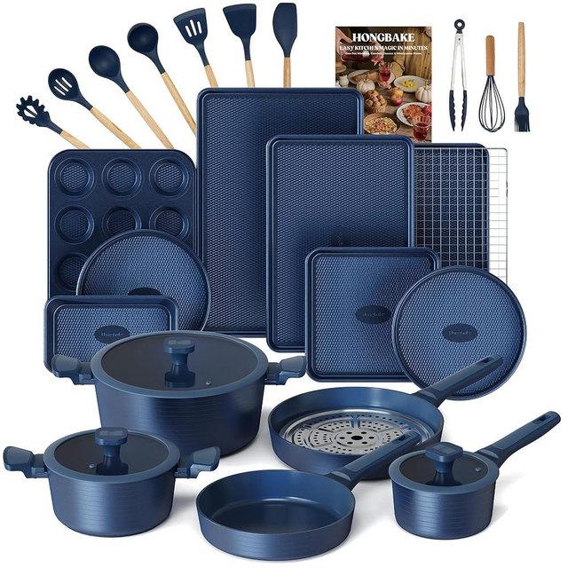 HONGBAKE 26 Pcs Pots and Pans Set Non Stick, Non Toxic Ceramic Cooking Set With 10 Silicone Utensils, Kitchen Induction Cookware & Bakeware Sets with Diamond Texture Pattern, PFOA Free, Blue