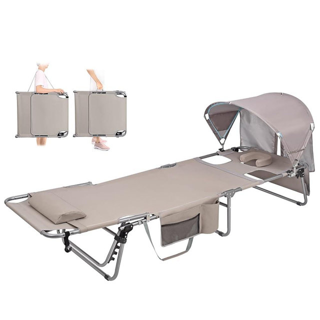 Minndudu Tanning Chair with Sun Canopy Face Hole, Heavy Duty Folding Chaise Lounge Chair 5 Position Reclining for Adults Outside Reading Sunbathing Poolside Camping Beach, UPF 50+ Sun Shade, 300LBS