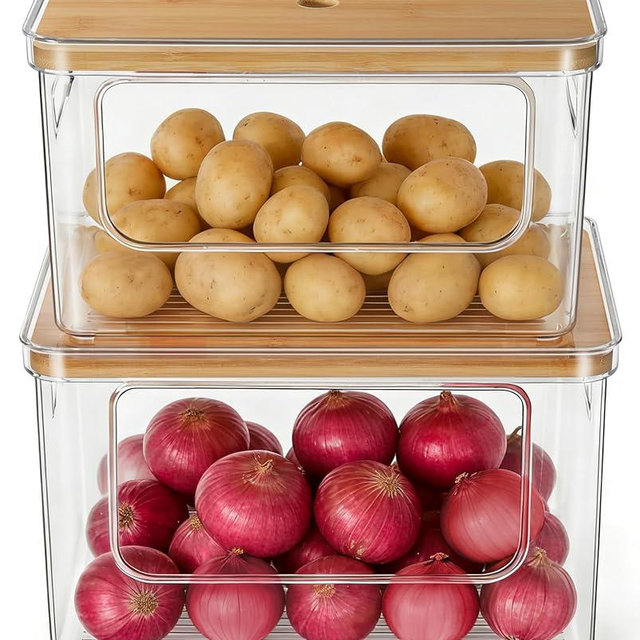 Hudgan Pantry Organizers and Storage, 2 Stackable Storage Bins for Onion, Potato, Garlic, Straight Side Clear Plastic Container for Home Edit, Kitchen Cabinet, Countertop, Bathroom and Laundry Room