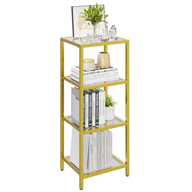 YMYNY Standing Storage Shelf Units, Tempered Glass Bookshelf, Gold Storage Organizer for Bedroom, Bathroom, Home Office, Narrow Shelving Unit, Corner Storage Racks, Metal, 37H*13.8L*11.8W, UHGD004G
