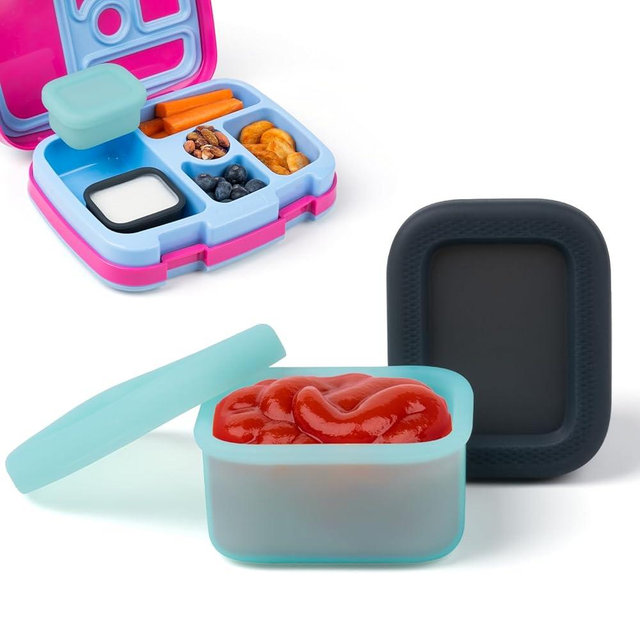 MICEBAY 2-Pack Leak-Proof Salad Dressing Container To Go, Food Grade Silicone Sauce Containers for Bentgo Lunch Box, Reusable Condiment Cups with Lids for Small Snacks - 2.6 oz (Sky Blue & Black)