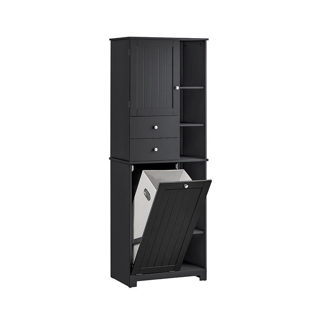 SoBuy Tall Tilt-Out Laundry Hamper Cabinet with Removable Basket and Shelves, Freestanding Laundry Storage Cabinet for Laundry Room or Bathroom, Black BZR104-SCH