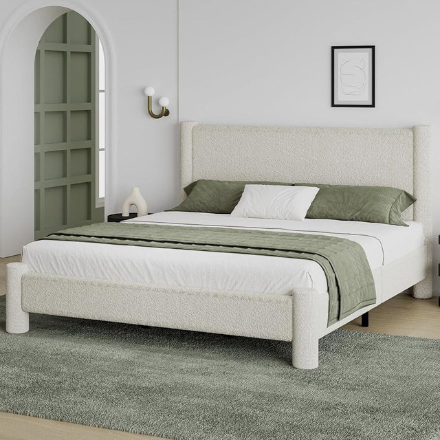 REVOMINCA California King Size Bed Frame, Boucle Bed Frame with Headborad, Soft Upholstered Platform Bed Frame with Rounded Corners, No Box Spring Required, Easy Assembly, Cream