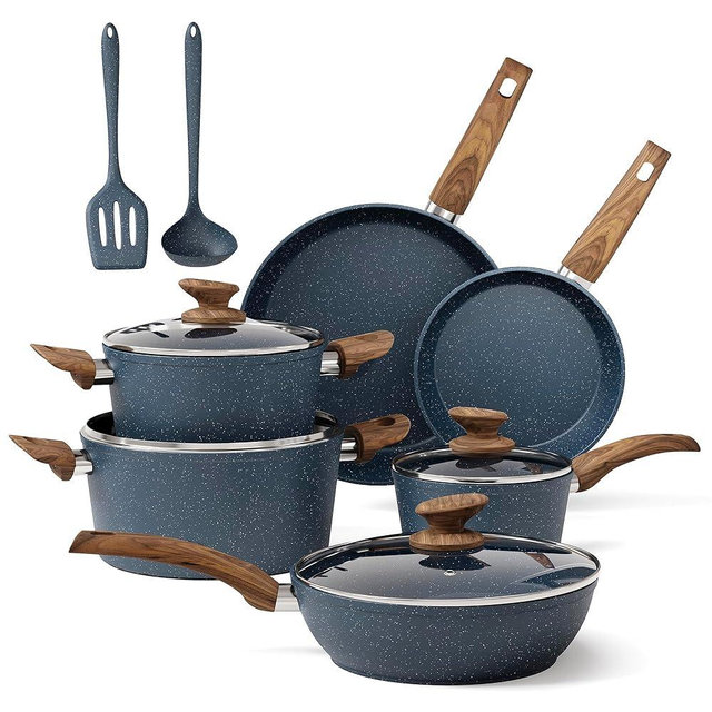 MAISON ARTS Pots and Pans Set Non Stick, Kitchen Cookware Sets Nonstick, 12 Piece Granite Cooking Pot and Pan for Induction, Stovetop, Blue