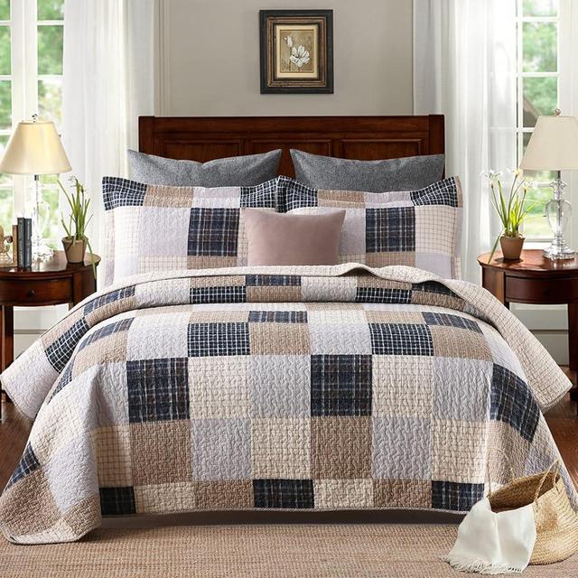 PANGUSHAN Quilts Set King Size,100% Cotton Quilt,Patchwork Plaid King Quilt Bedding Set Bedspreads,Farmhouse Rustic Lightweight Comforter for King Bed,Cream/Brown/Blue-Black/Off-White Bed Spread