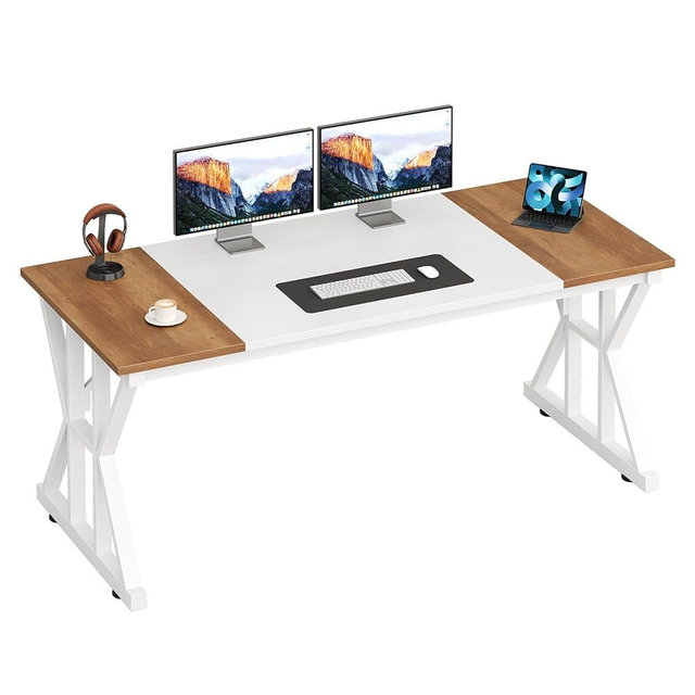 TVU Computer Desk, 55 inch Large Office Desk, Study Writing Table with Thicken Frame, Gaming Desk, Modern Simple Desk for Home Office, Brown/White