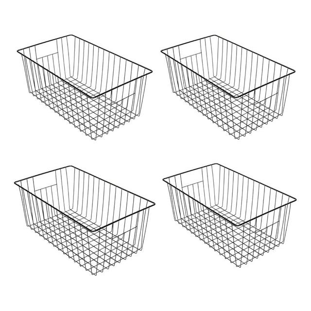 lonpute 16inch Freezer Wire Storage Organizer Baskets, Refrigerator Metal Bins with Handles for Kitchen, Pantry, Cabinet, Closets - Set of 4 (Black 4)