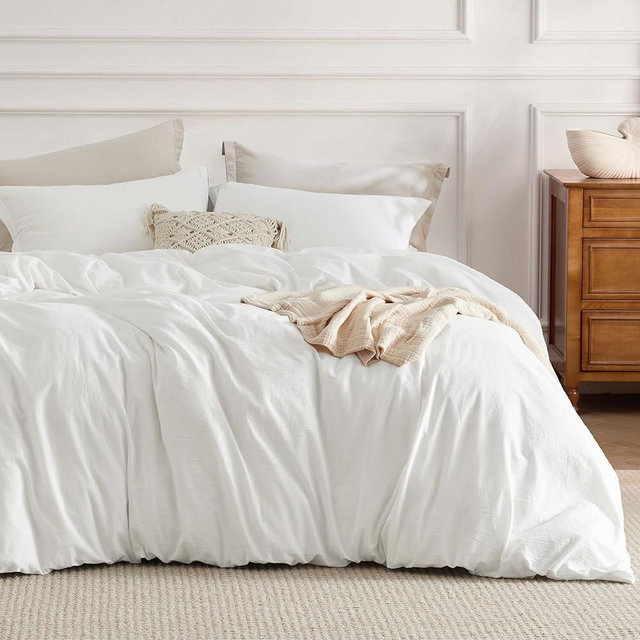 Bedsure 100% Stone Washed Cotton Duvet Cover King - White Minimalist Cotton Duvet Cover Linen Like - 3 Pieces Plain Simple Duvet Cover Set with 2 Pillow Shams (White, King, 104"x90")