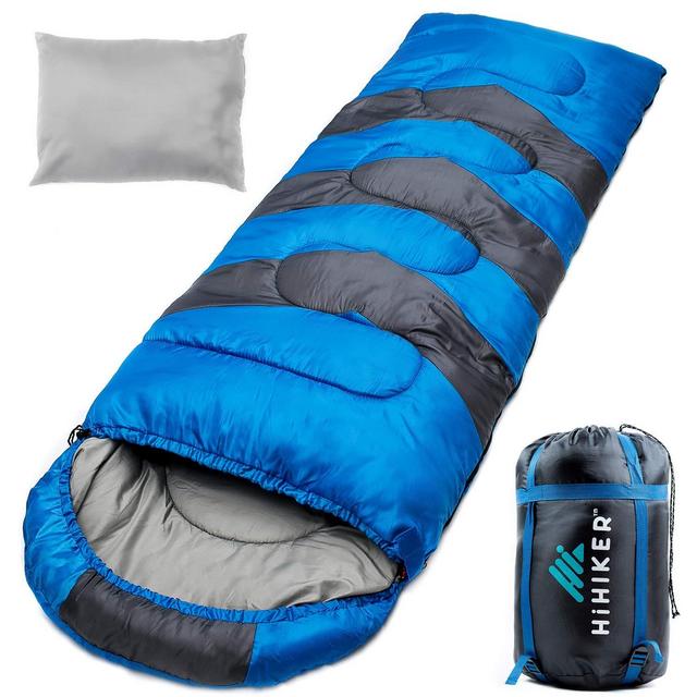 HiHiker Camping Sleeping Bag + Travel Pillow w/Compact Compression Sack – 4 Season Sleeping Bag for Adults Kids – Lightweight Warm and Washable, for Hiking Traveling.