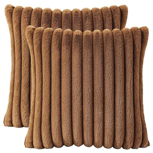 AmHoo Pack of 2 Decorative Throw Pillow Covers Faux Rabbit Fur Cozy Velvet Super Soft Fuzzy Striped Set Case Cushion for Couch Sofa Bedroom 18 x 18-Inch Brown