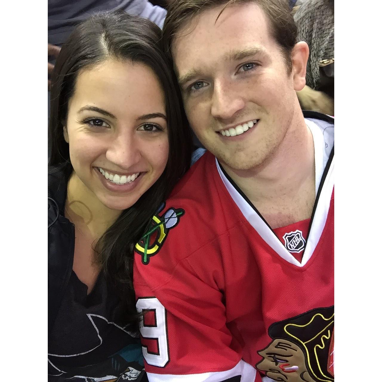 This is from a Blackhawks vs. Sharks game in 2015! We always try and go see "our" teams play against each other - Giants vs. Cubs, Warriors vs. Bulls...