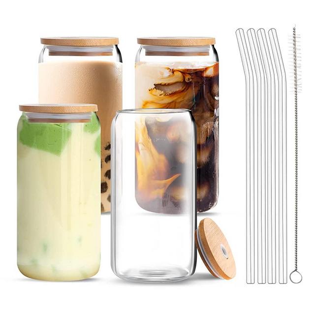 Beer Can Glass with Bamboo Lids and Glass Straws, 4 Pack 16oz Drinking Glasses with Lids and Straws, Can Shaped Glass Cups, Iced Coffee Cup, Beer Glasses, Ideal for Water, Soda, Tea, Gift