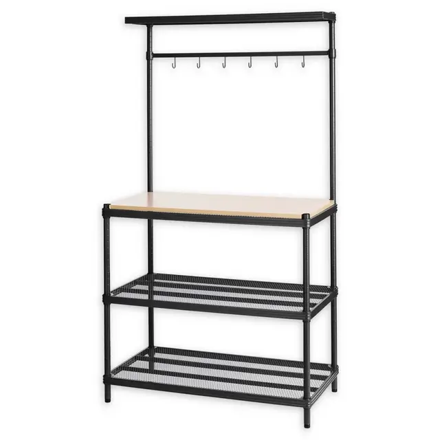 Design Ideas® MeshWorks 3-Shelf Utility Storage Rack with Wooden Top in Black