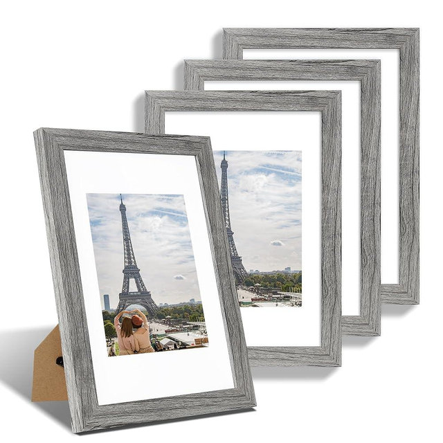 Hongkee 8x12 Picture Frame Set of 4, Made of Glass and Grey Wooden Frame - Display 6x8 Picture with Mat or 8 x 12 Poster Without Mat, 8 by 12 Photo for Wall or Tabletop