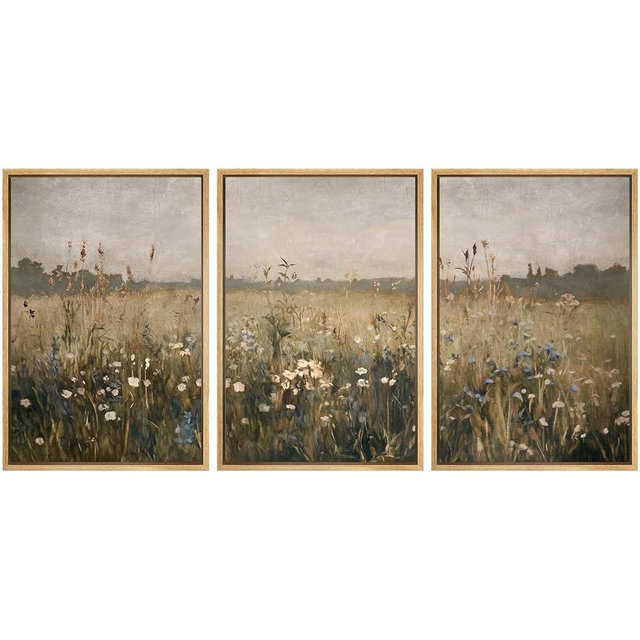 SIGNWIN Framed Canvas Print Wall Art Set Wildflower Meadow Rustic Floral Field Landscape Illustrations Modern Art Decorative Rustic Calm/Zen for Living Room, Bedroom, Office - 24"x36"x3 Natural