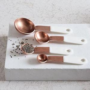 Copper + Enamel Measuring Spoons, Set of 4, White/Copper