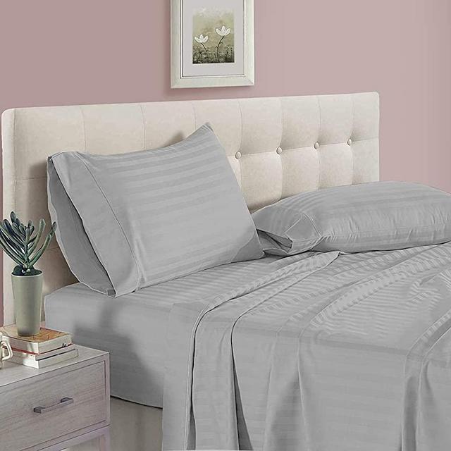 400 Thread Count 100% Egyptian Cotton Sheet Set - Queen Size Sheets Set - 12 inch Deep Pocket of Fitted Sheet - 4 Piece Sheet Set (Silver Grey Stripe - Queen 12 inch Deep Pocket Sheets)